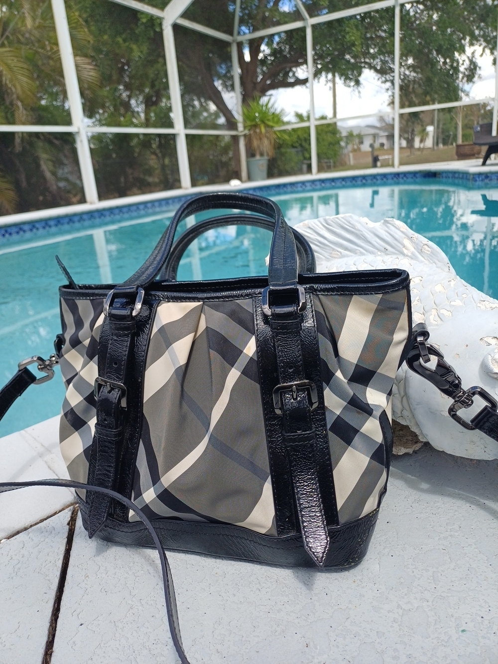 Burberry Black and Grey Nova Check Patent-Trim Tote Crossbody